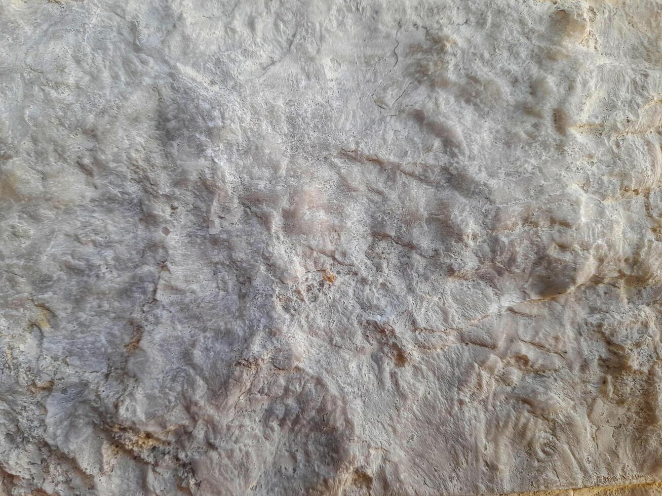 Detailed view of a rugged rock face with uneven texture, featuring light brown and gray hues, erosion marks, and natural mineral deposits photo
