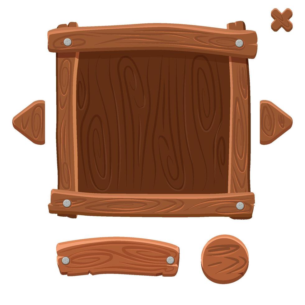 Wooden game buttons and banners. Game interface buttons in cartoon style. vector