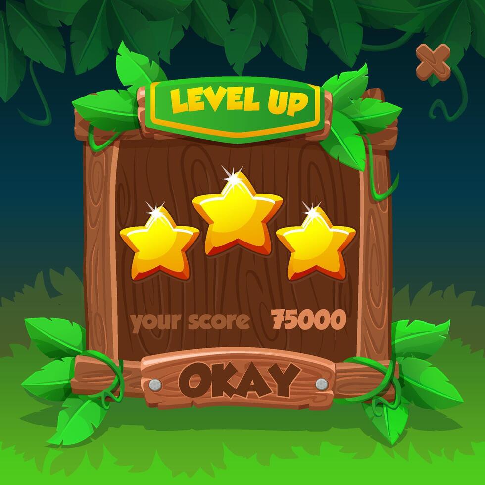 Cartoon Wooden Level UP menu or border for game UI. Plank and panel for 2D game interface design and UI element with leaves on jungle background vector