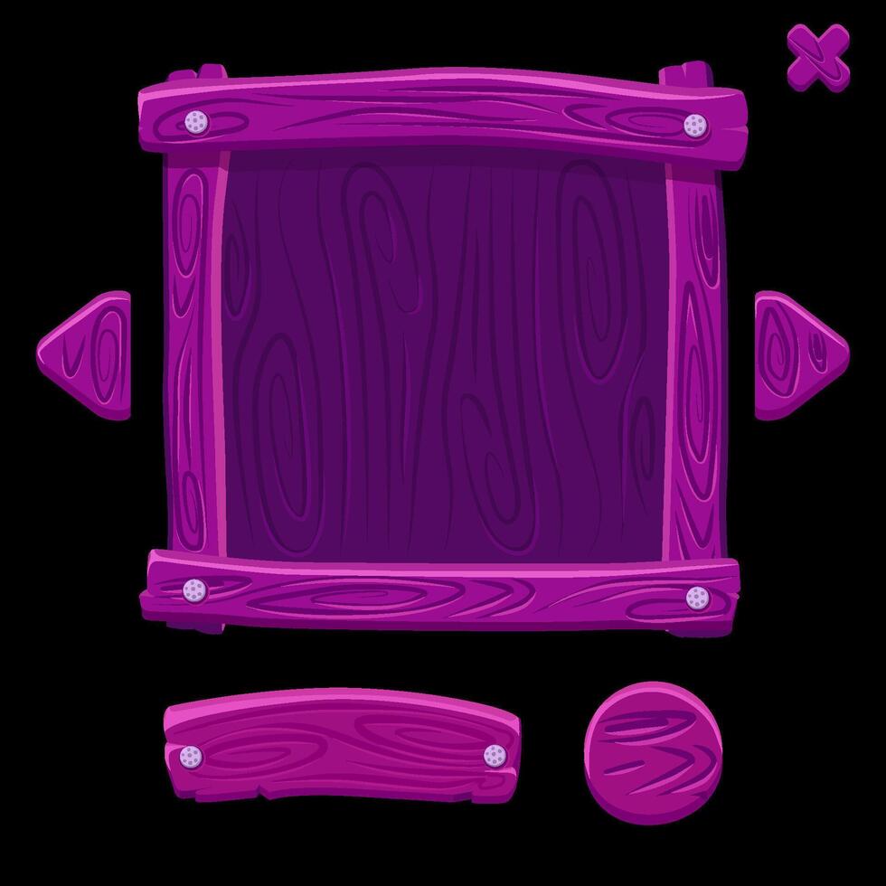 Wooden game buttons and banners. Purple Game interface buttons in cartoon style. vector