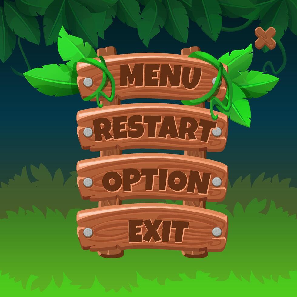 Wooden game Menu UI with buttons-Restart, Option and exit. Game interface buttons in cartoon style with jungle style background vector
