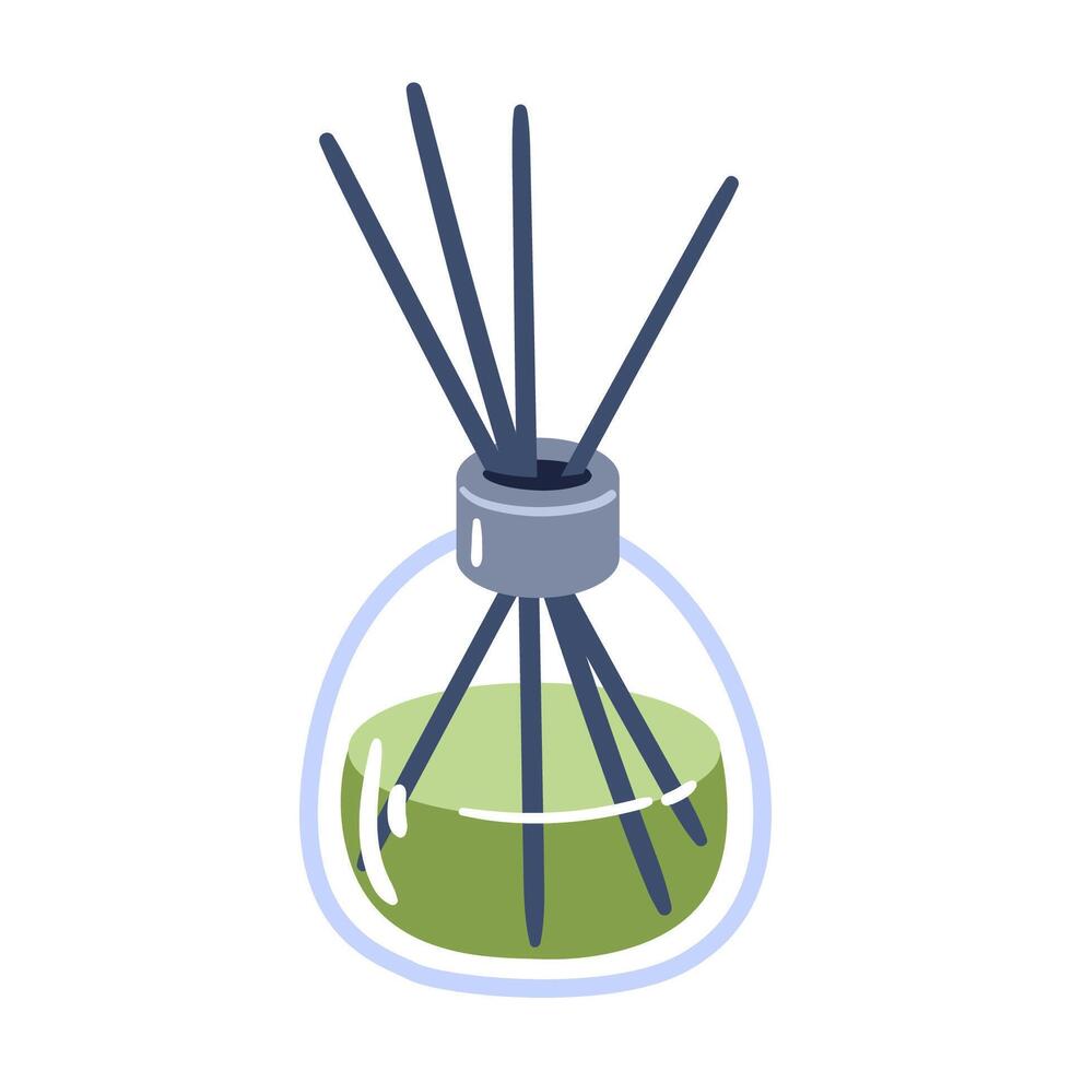 Natural aromatherapy reed diffuser with green essential oil in clear glass bottle. Hand drawn illustration. vector