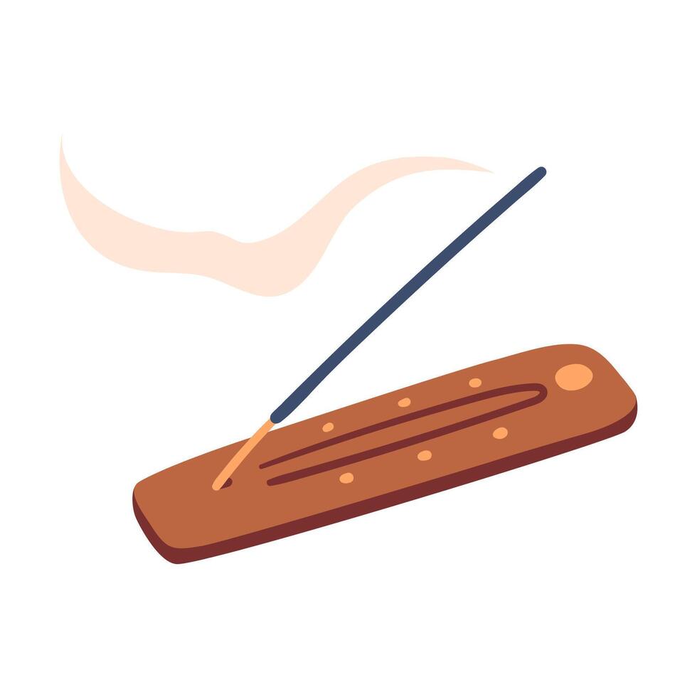 Burning incense stick on a wooden holder with swirling aromatic smoke. Aromatherapy concept. Hand drawn illustration. vector