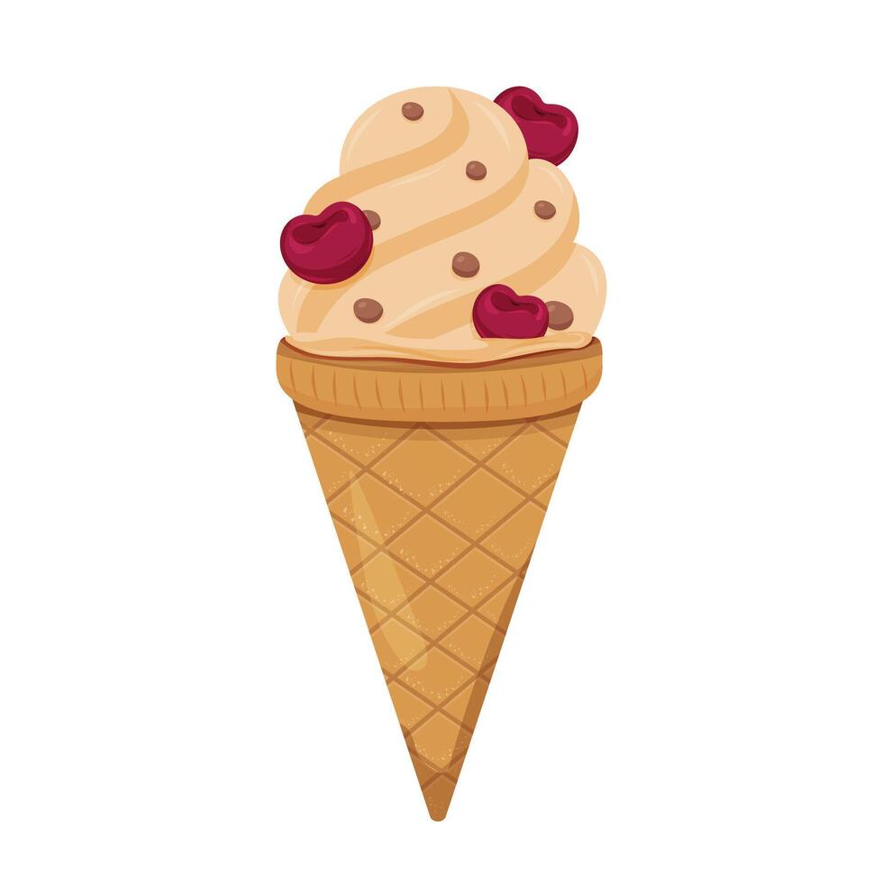 Sweet heart-shaped ice cream cone with chocolate chips and cream swirl vector