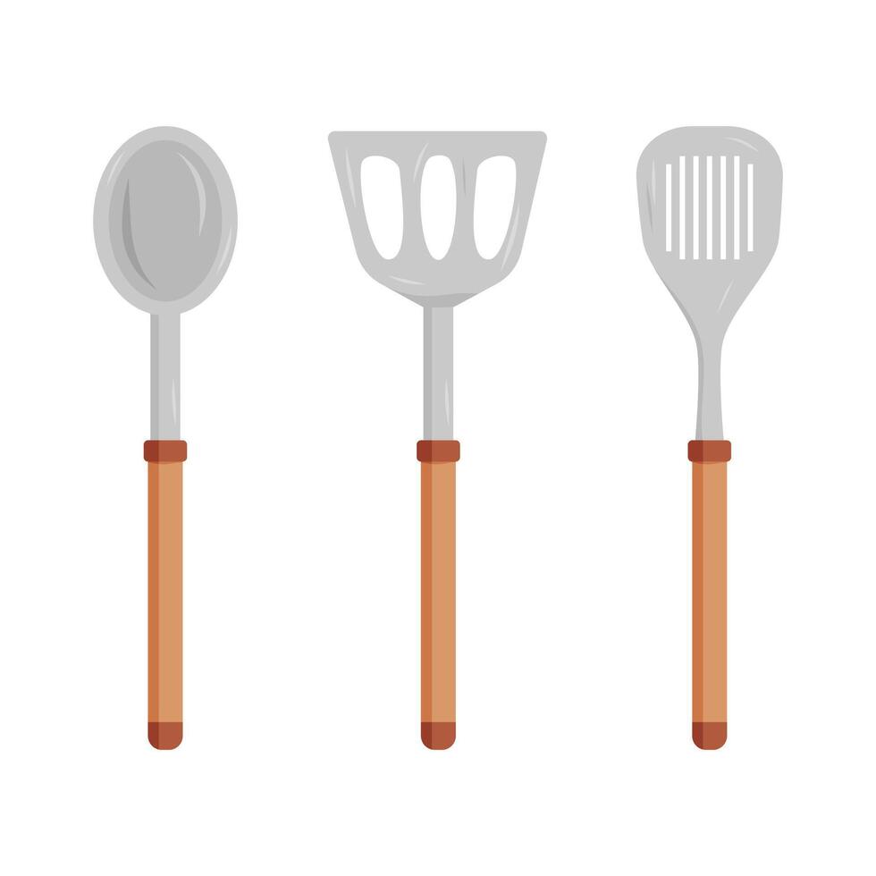 Cooking utensils arranged in a row with wooden handles and metallic heads vector