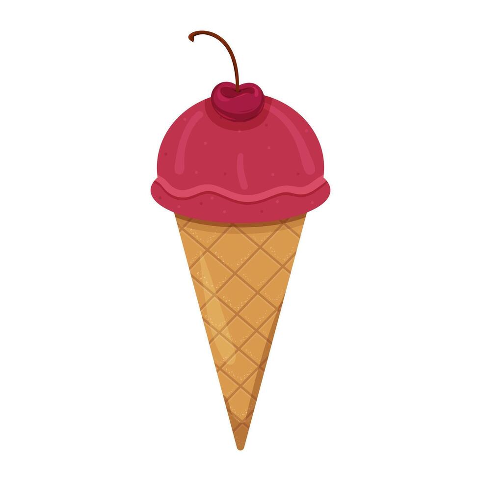 Colorful ice cream cone with cherry on top against plain background vector