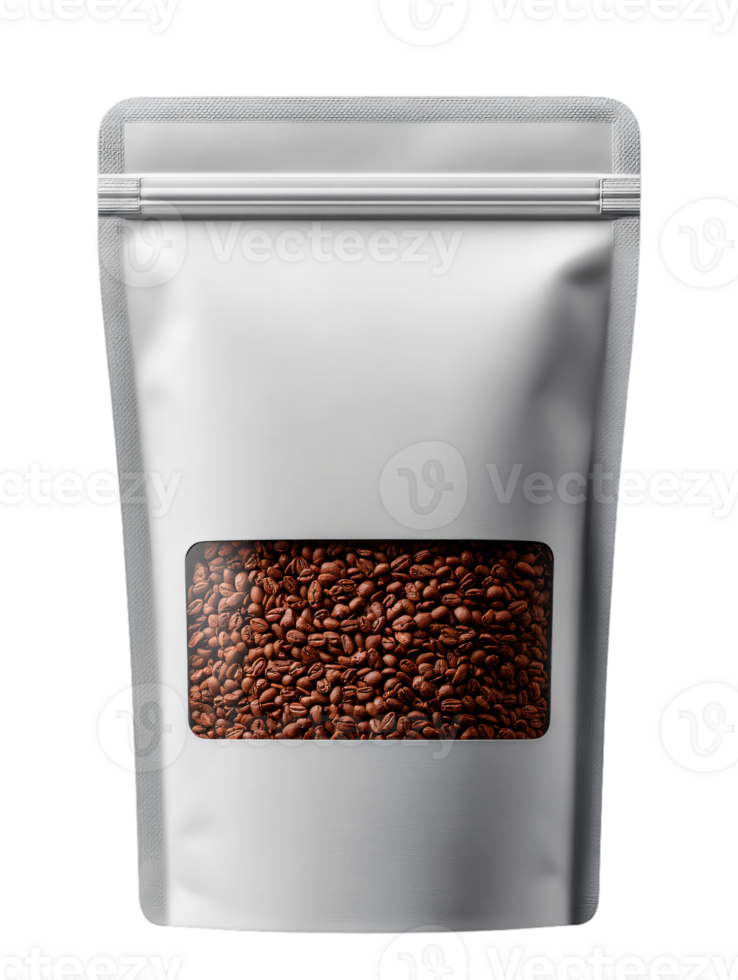 Silver Packaging with Window Showing Fresh Coffee Beans Inside png