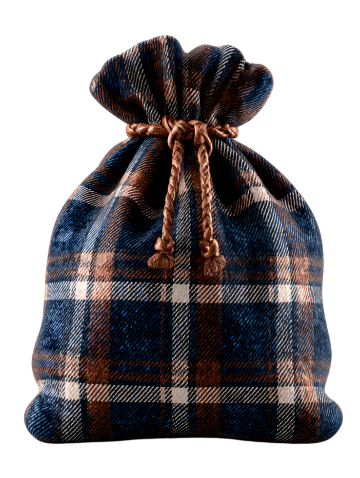 Soft plaid bag with drawstring closure in warm hues and texture png