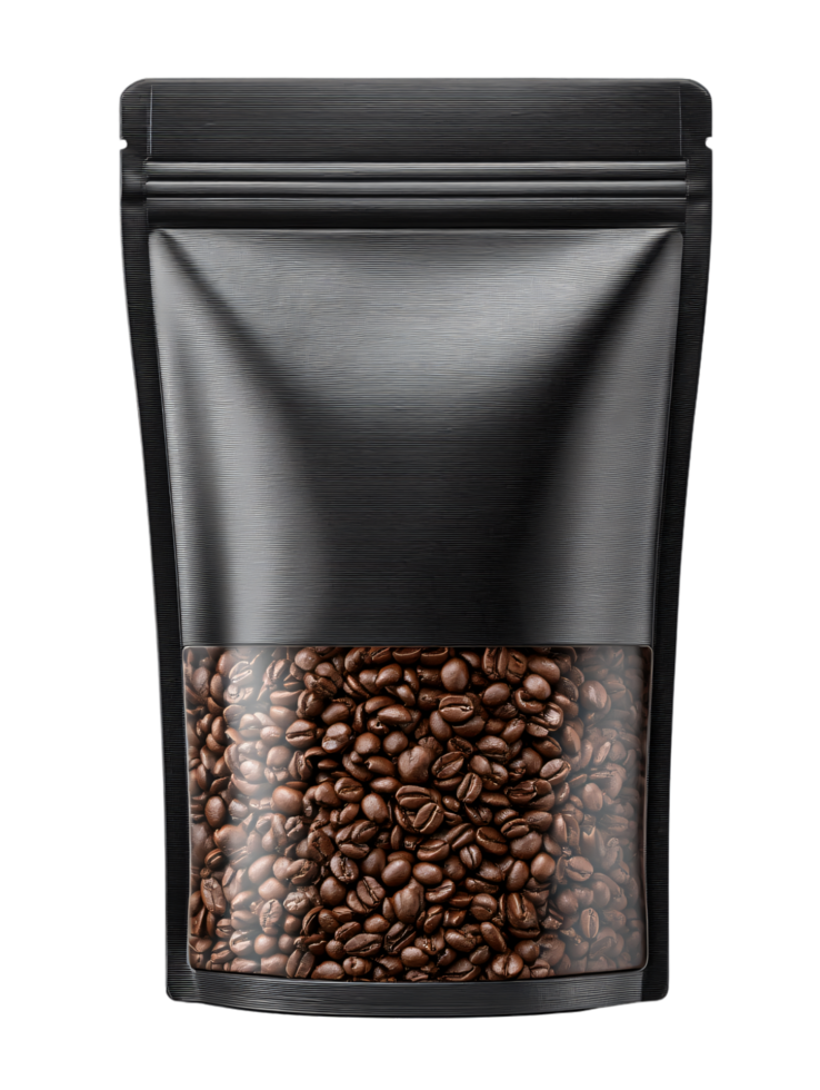 Black Coffee Bag with Transparent Window and Roasted Beans Inside png