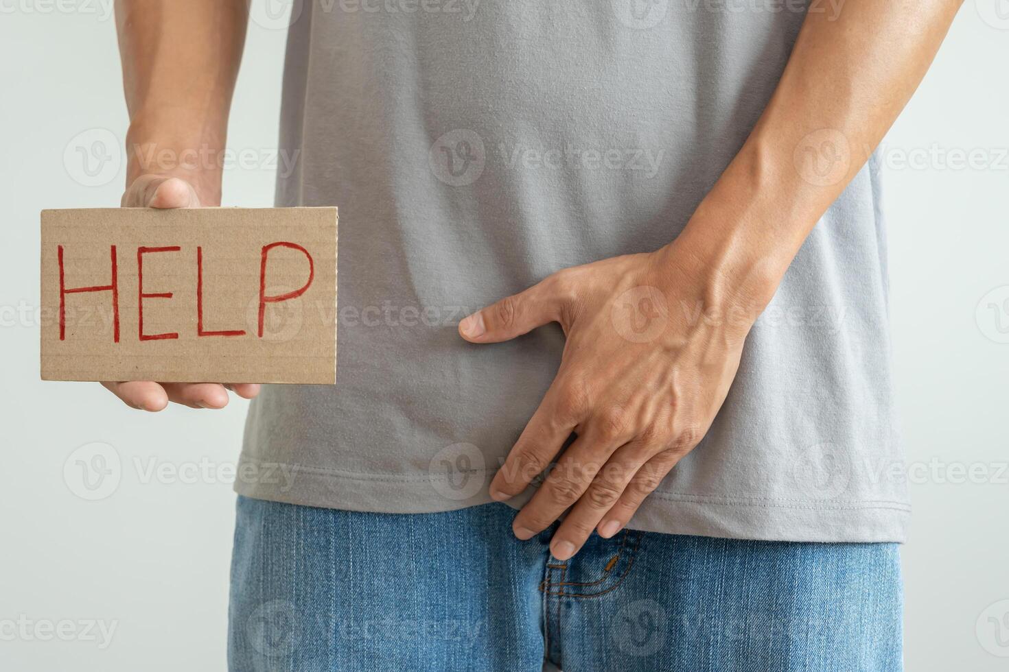 Man request help private parts feeling discomfort from disease and inflammation. Venereal, testicular cancer. bladder problems, erectile dysfunction, premature ejaculation, prostate cancer photo