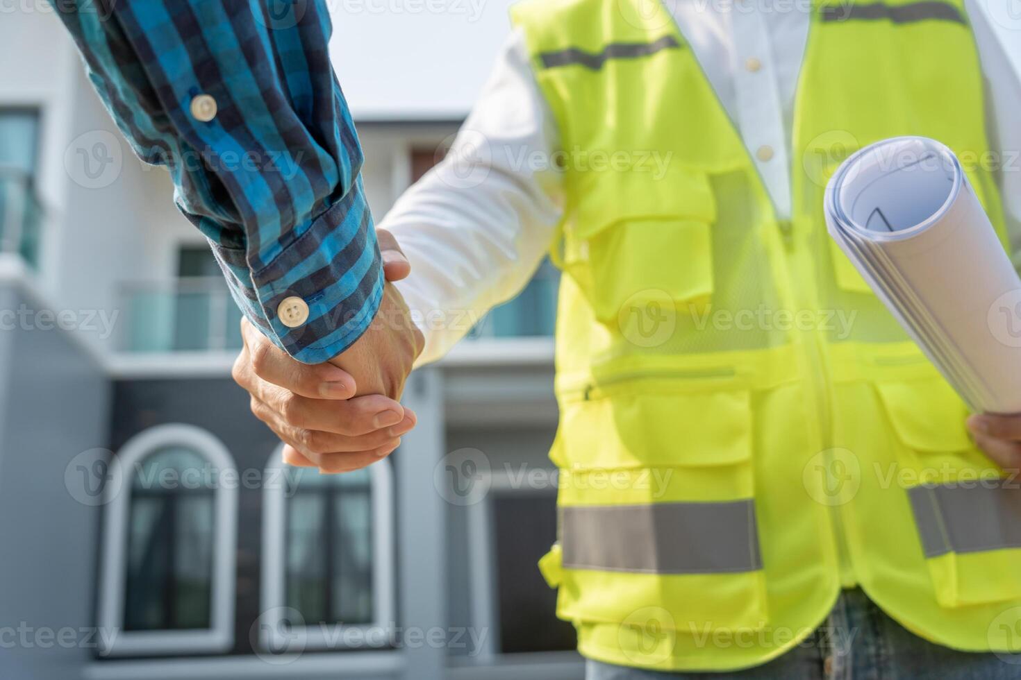 Construction team hands shake greeting start up plan new project contract in office center at construction site, industry ,architecture, partner, teamwork, agreement, property, contacts. photo
