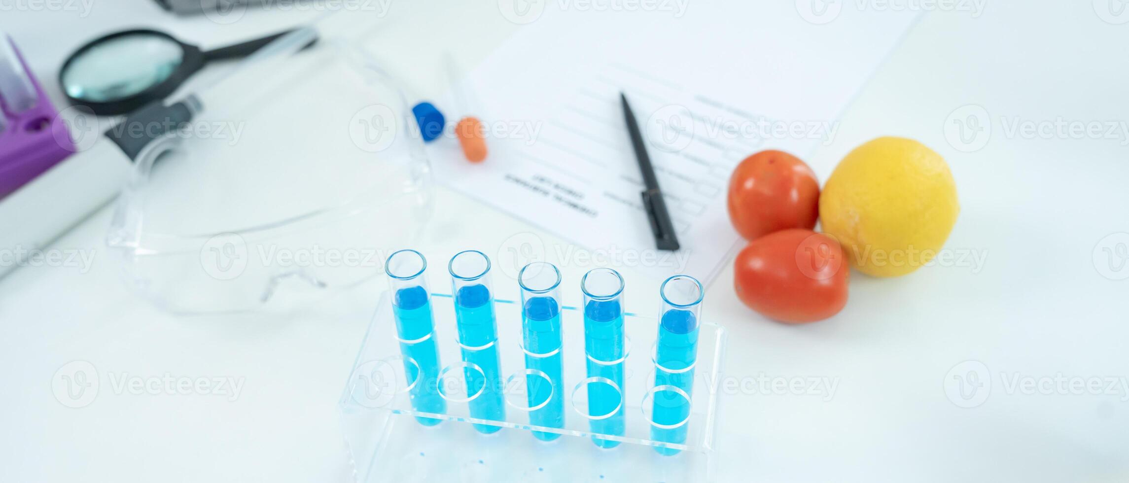 Chemical substance check list for chemical food residues in laboratory. Control experts inspect quality of fruits, vegetables. lab, find prohibited substances, contaminate, Microscope photo
