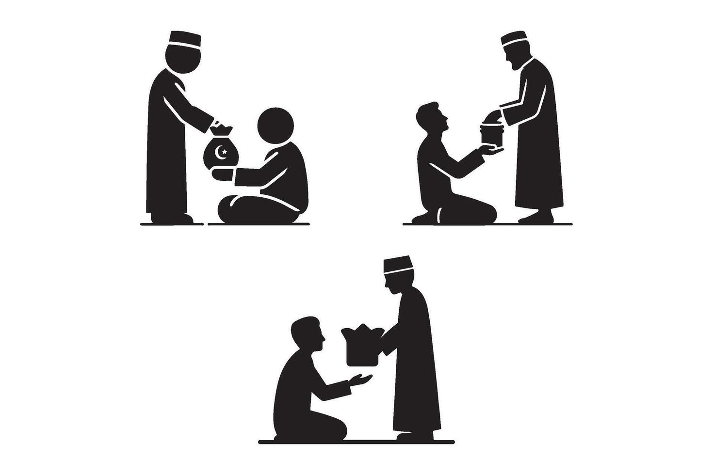 Set of muslim man giving donation silhouettes on white background vector