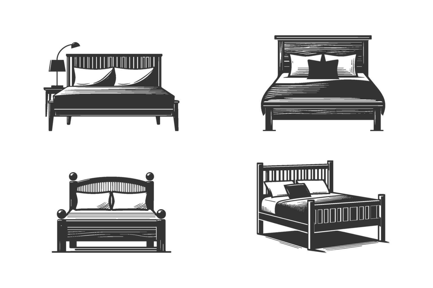 Set of wooden bed with pillow silhouettes on white background. vector