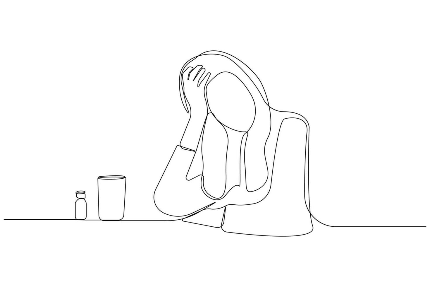 Woman having headache one-line art drawing. Healthcare concept continuous outline background. vector