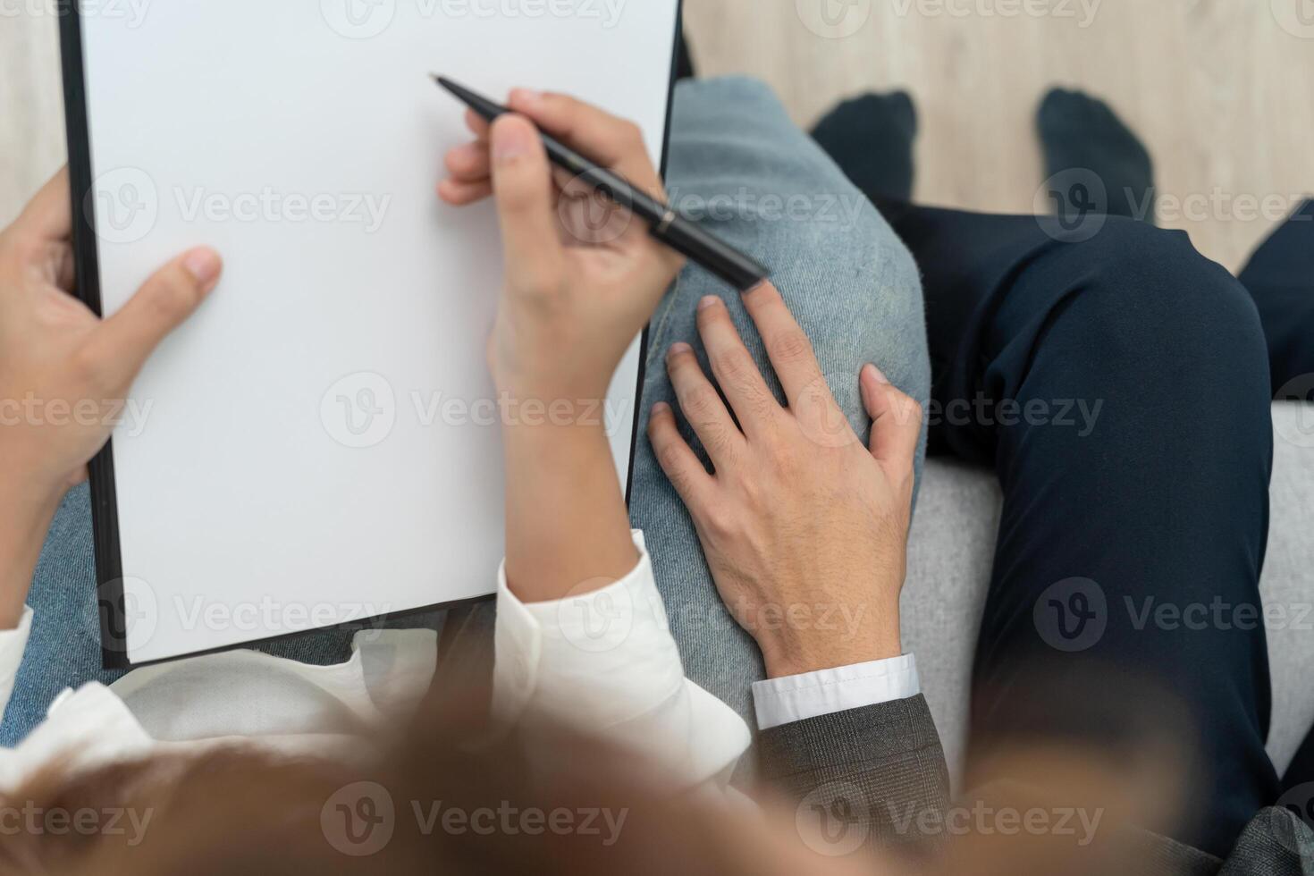 Manager or senior sexually harassed a female colleague by touch her leg. Sexual harassment in office. feel anxious and stressed from being harassed. molest, assault, inappropriate photo