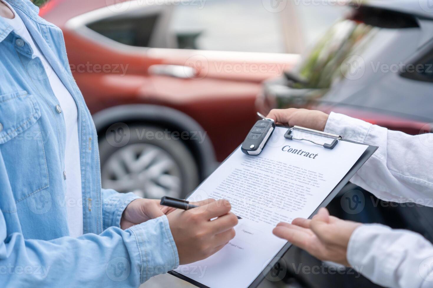 buy. Dealership send contract and car keys to new owner to sign. Sales, loan credit financial, rent vehicle, insurance, renting, Seller, dealer, installment, car care photo