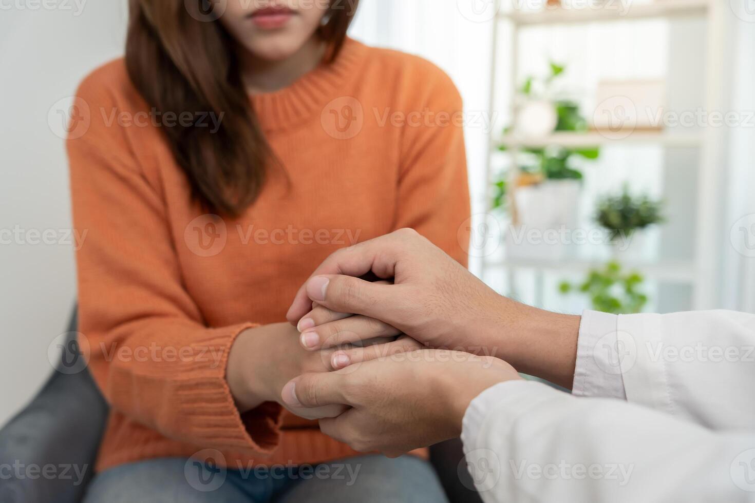 support each while discussing family issues. doctor encourages and empathy woman suffers depression. psychological, save divorce, Hand in hand together, trust, care photo