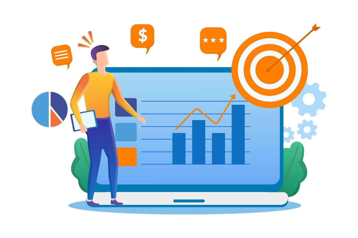 Marketing Analysis Illustration with Target and Performance Graphs vector