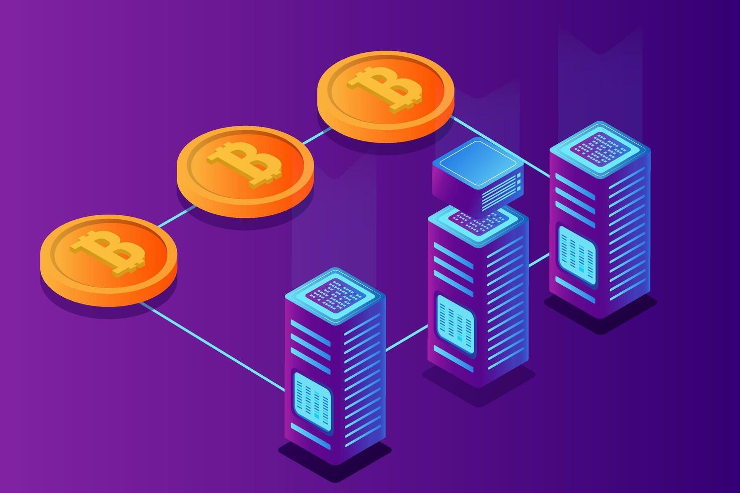 Isometric illustration of digital currency infrastructure with skyscrapers and coins vector