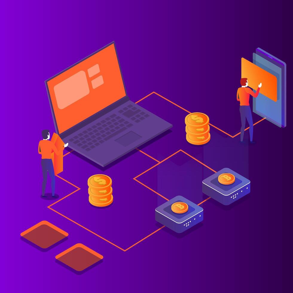 Isometric landing page concept of cryptocurrency payment system with laptop and users vector