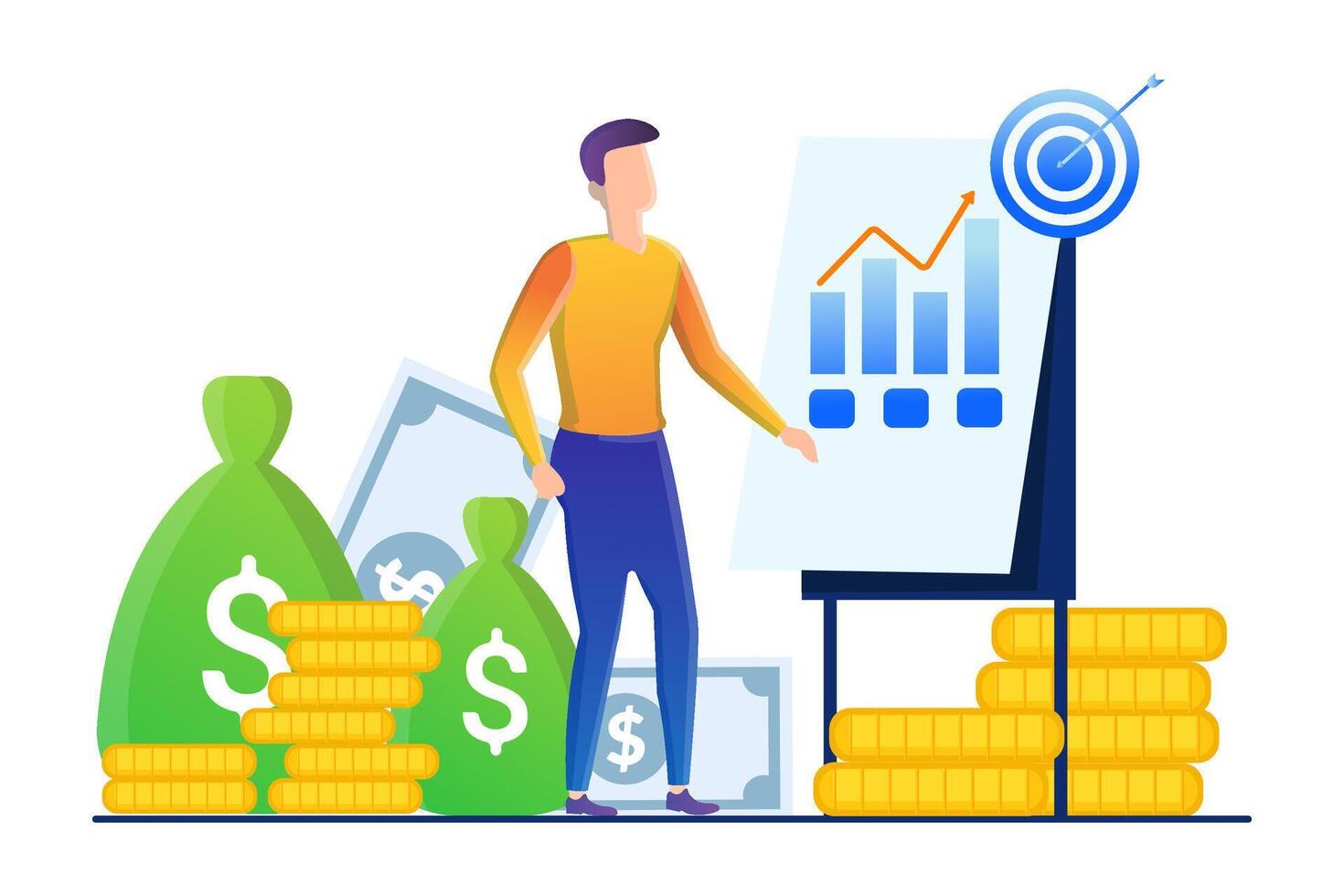 Investment Strategy Concept with Graph, Money Bags, and Coins vector
