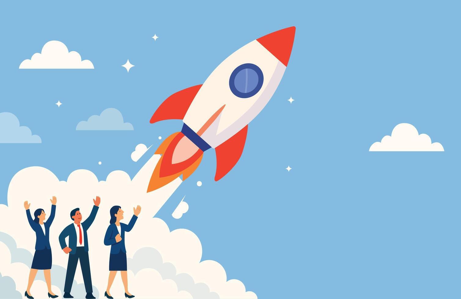 Business Startup Rocket Launch, Team Launching Business Success, Rocket Startup Business Growth vector