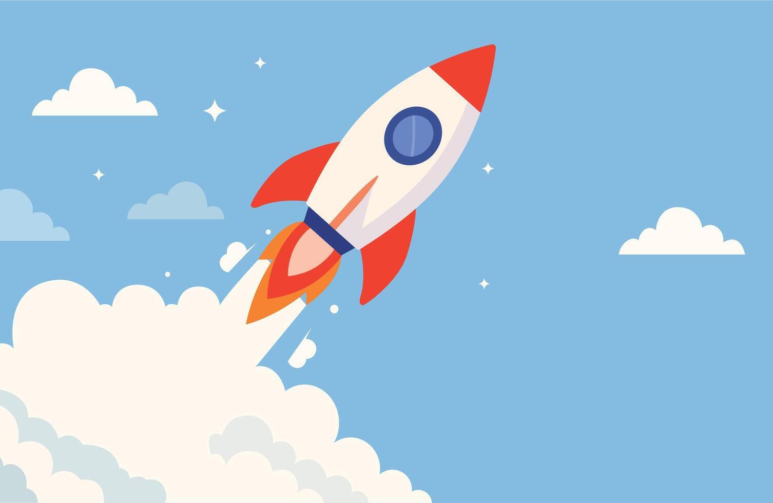Rocket Launch into Sky, Startup Rocket Flying Up, Business Growth Rocket, Innovation Rocket Blast Off, Success Rocket Launching vector