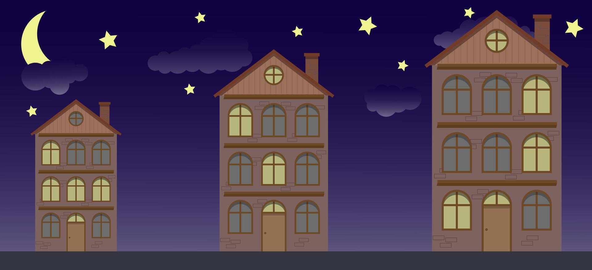 The minimum suburban residential building of illustrations. Cute houses in the night. vector