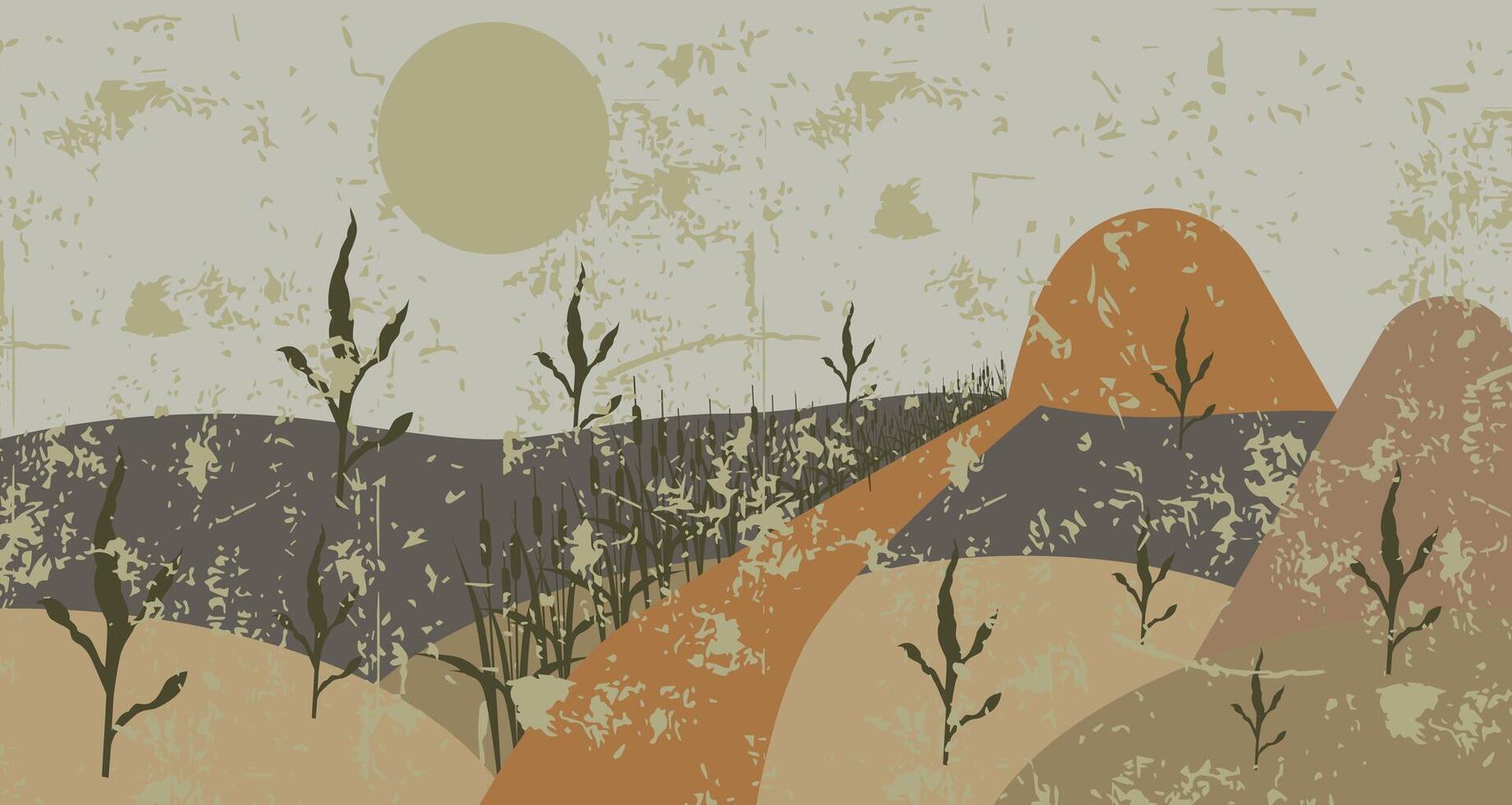 Abstract landscape with wildflowers and mountains. Design in warm, earthy tones with a vintage texture. vector