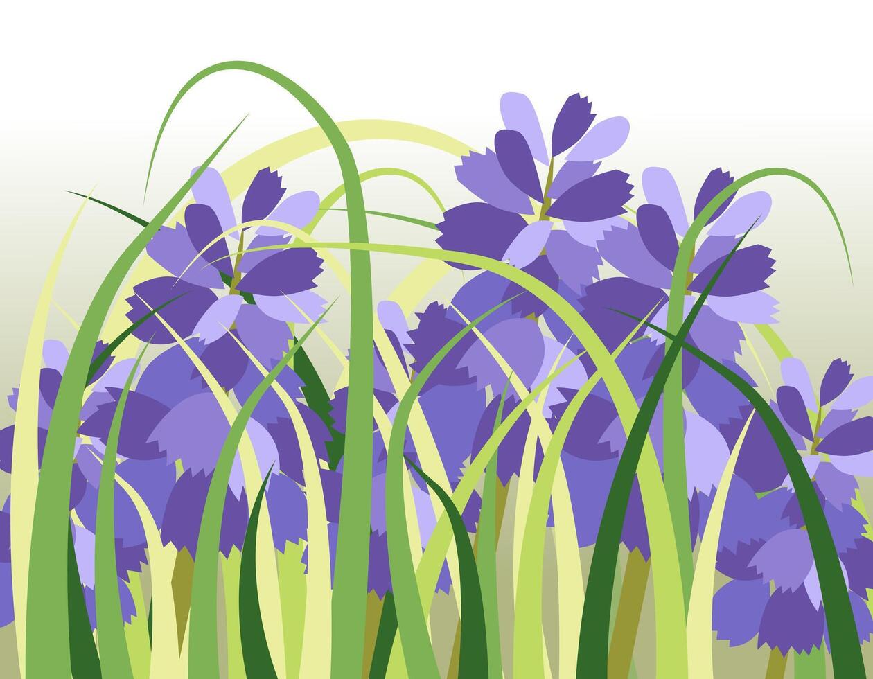 Spring purple flowers among the grass in flat design style. Gentle spring color palette. vector