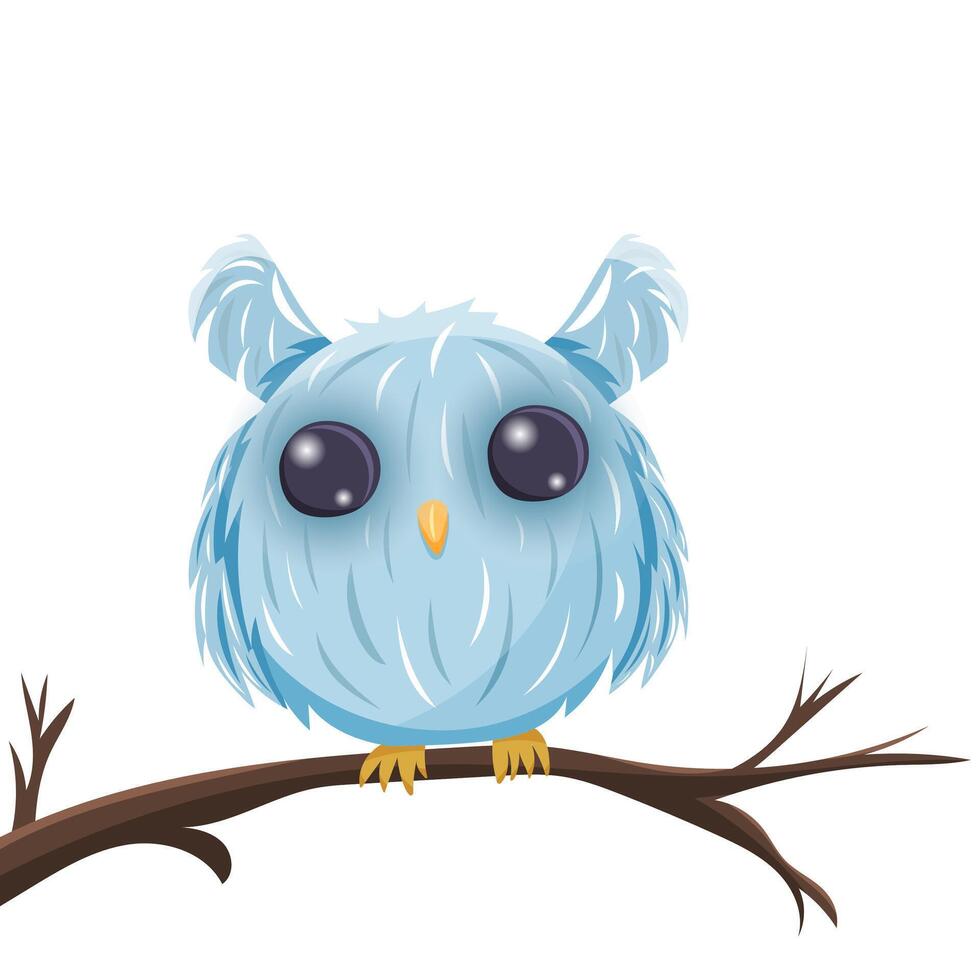 Fluffy blue owl with big eyes on tree branch vector