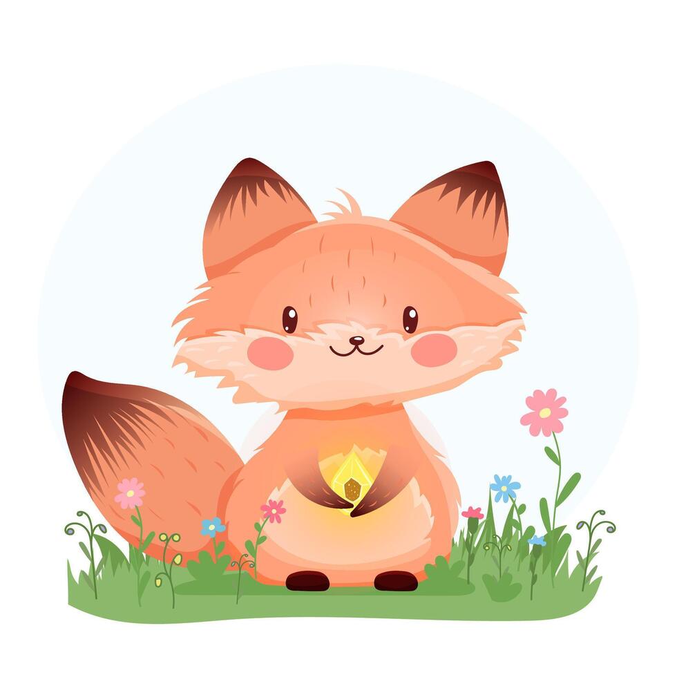Cute fox with glowing crystal in meadow vector