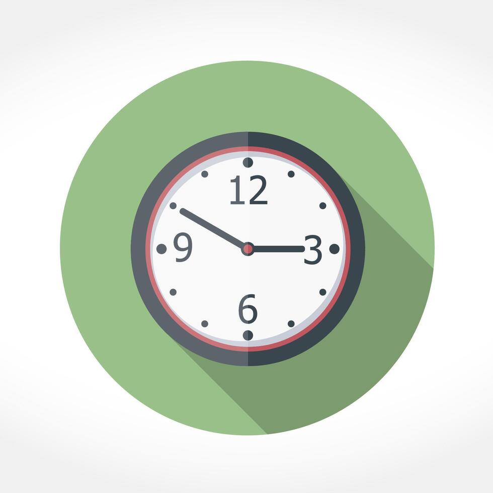 Clock icon in circle, flat design with long shadow vector