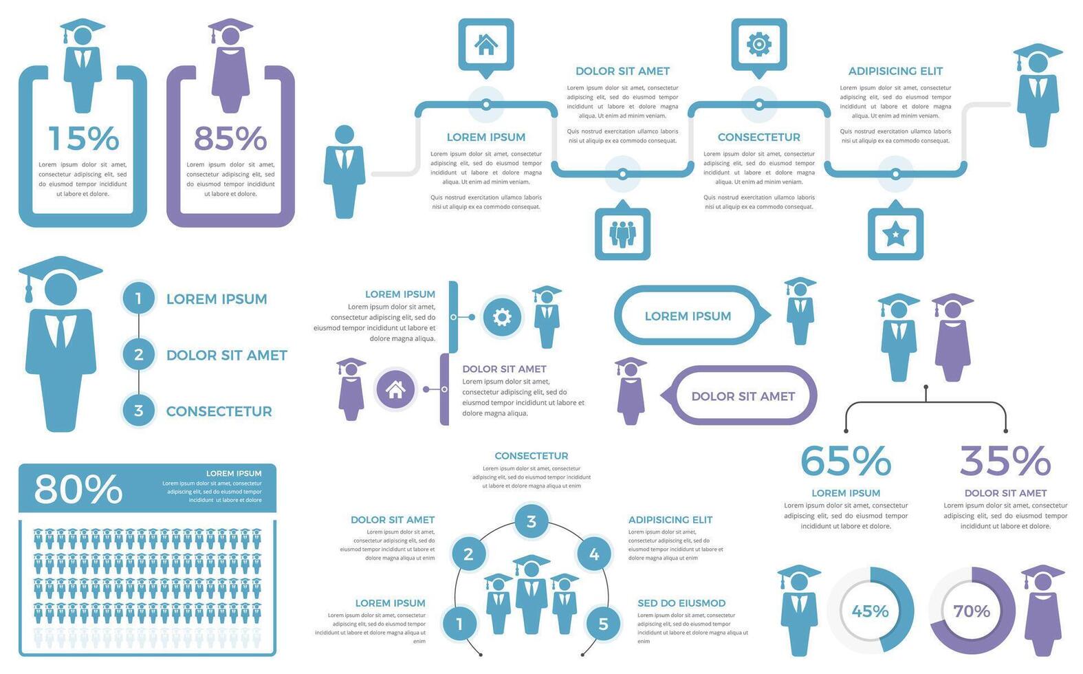 Education infographic elements - diagrams, statistics, percents - set of templates with students icons vector