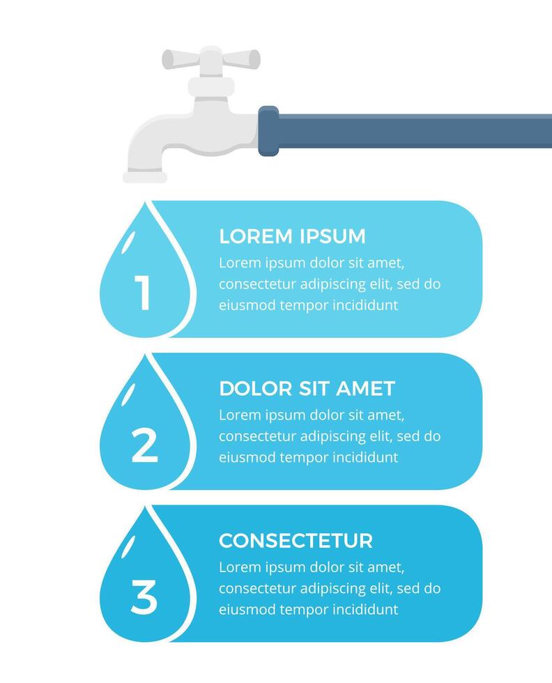 Infographic template with faucet and 3 water drops with numbers and text vector