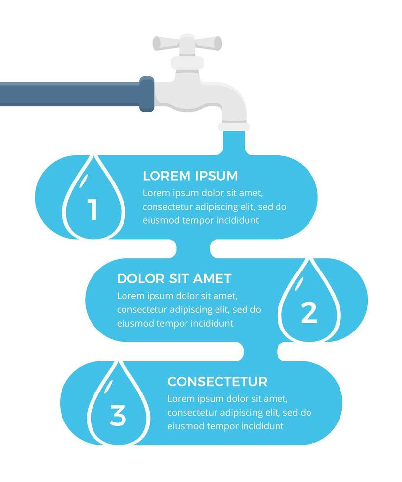 Infographic template with faucet and three water drops with numbers and text vector