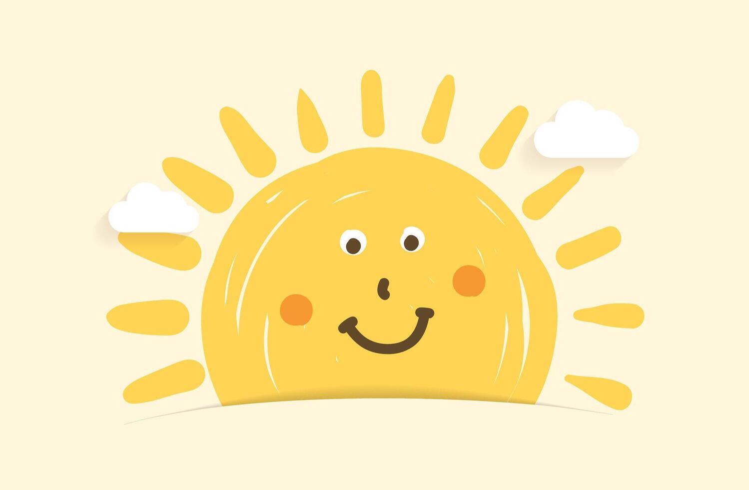 Smiling sun with clouds on yellow background vector