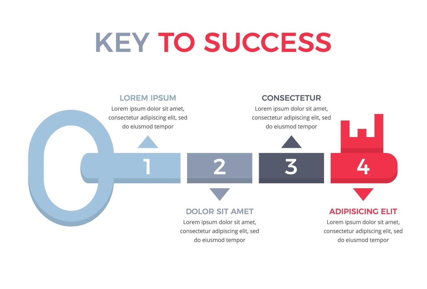 Infographic template with key divided on 4 segments, key to success concept vector