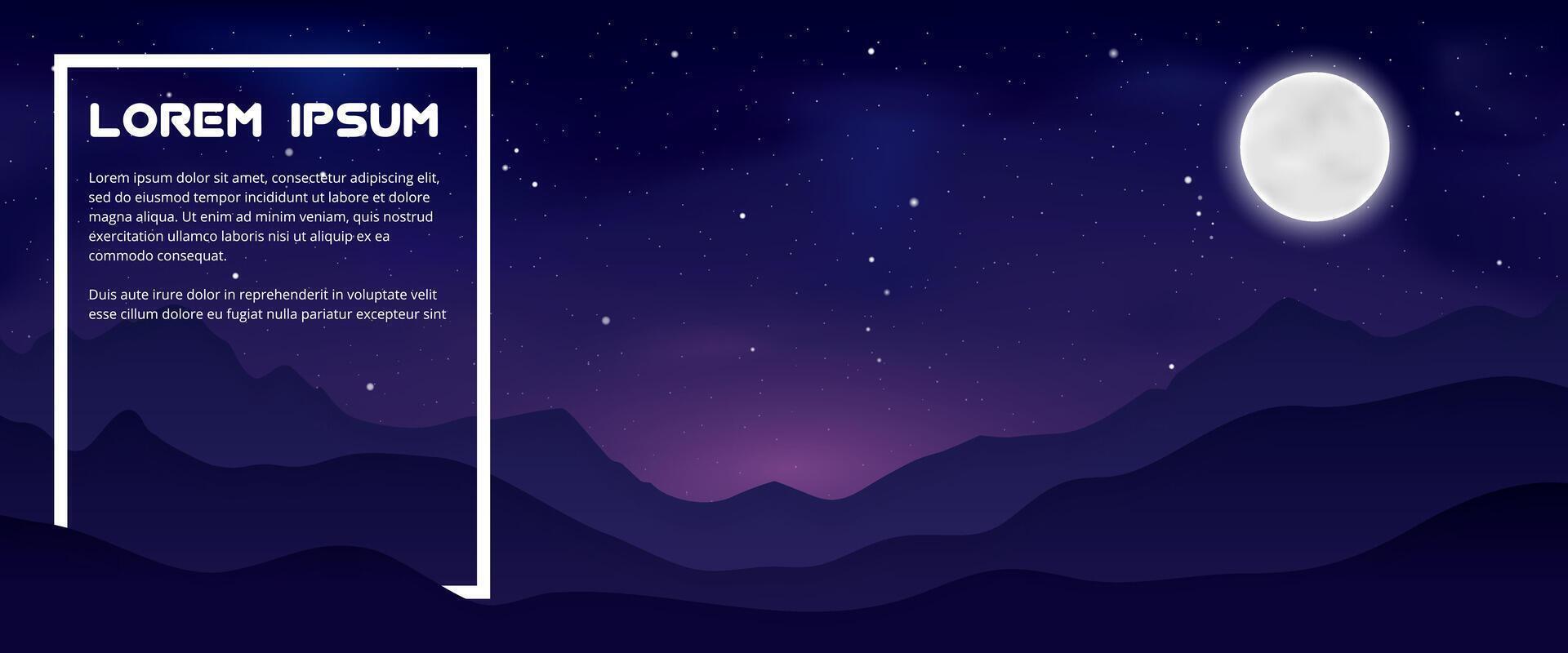 White frame with text on the background of night sky with stars and moon and silhouette of mountains vector
