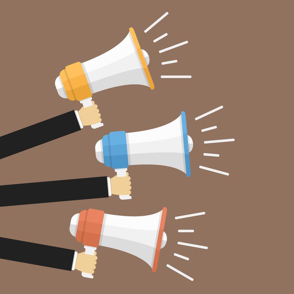 Three hands with megaphones, promotion concept vector