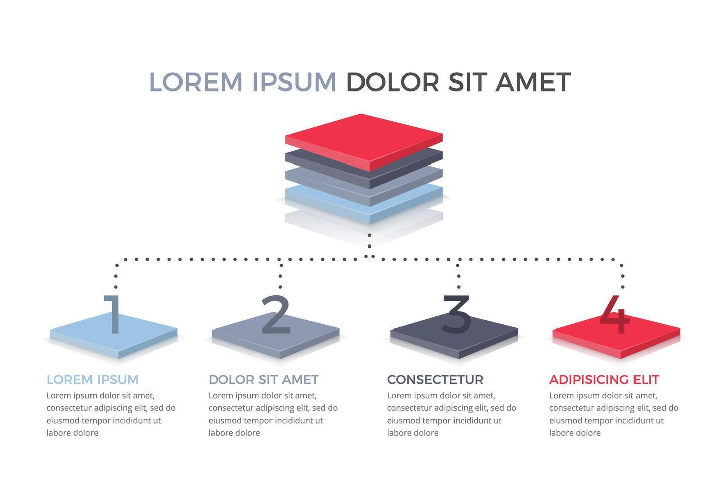 Flowchart with 4 elements with 3D squares, process diagram with 4 steps vector