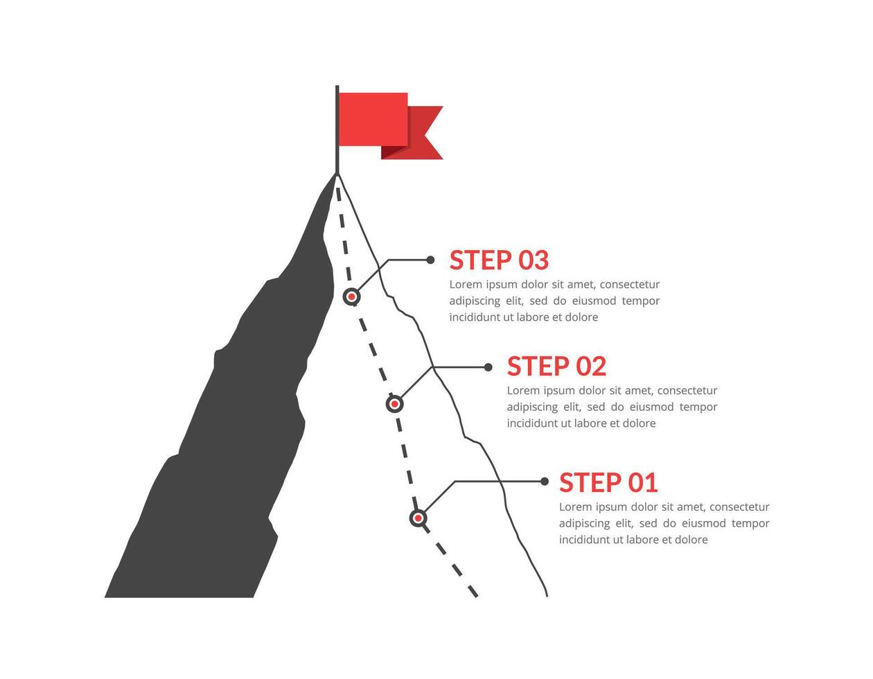 Mountain with red flag with three steps vector