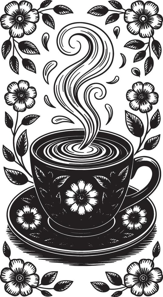 A black and white illustration of a cup of coffee with flowers vector