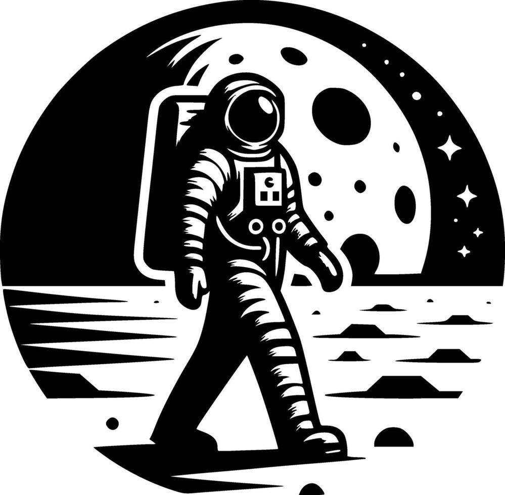Sketchy cosmic emblem of astronaut walks on the surface of an unknown planet in monochrome. Engraving minimalistic image in black ink drawing on white background vector