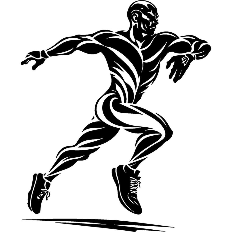 Athletic sprinter in sports sneakers and a tight jumpsuit in monochrome. Engraving minimalistic image in black ink drawing on white background vector