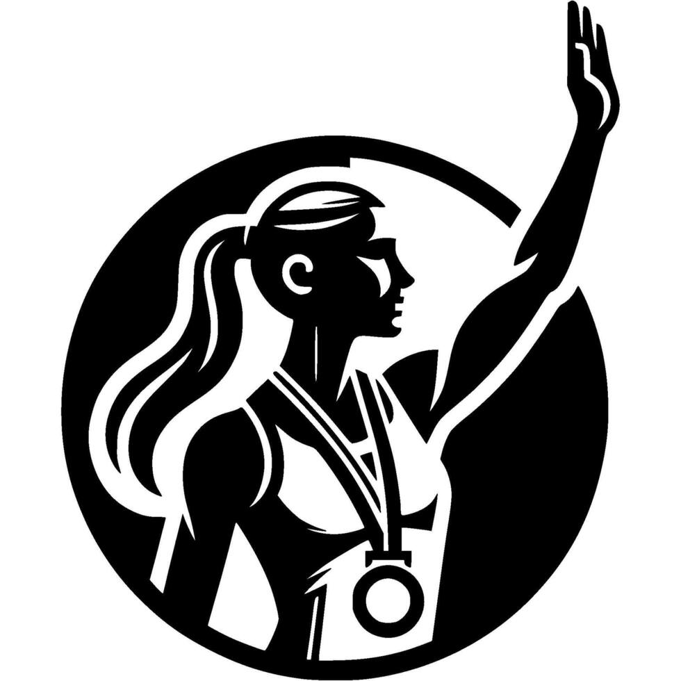 Sport emblem of girl winner of track and field competitions in monochrome. Engraving minimalistic image in black ink drawing on white background vector