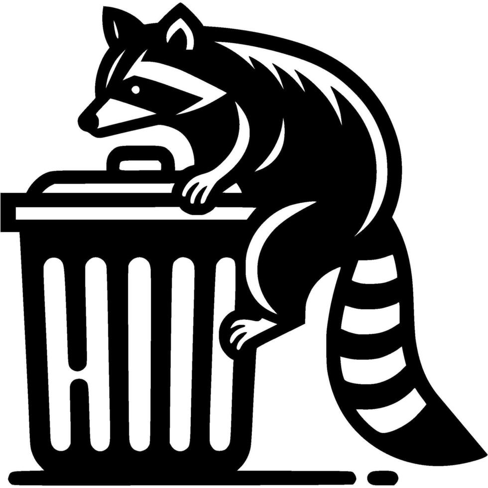 Raccoon thief steals food scraps from trash can in monochrome. Engraving minimalistic image in black ink drawing on white background vector