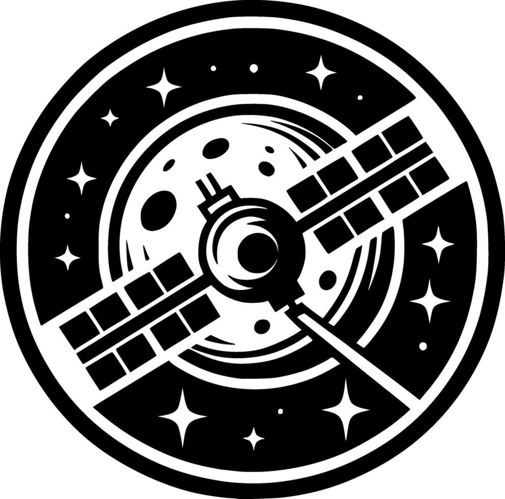 Sketchy cosmic emblem of space satellite flying around the moon in monochrome. Engraving minimalistic image in black ink drawing on white background vector