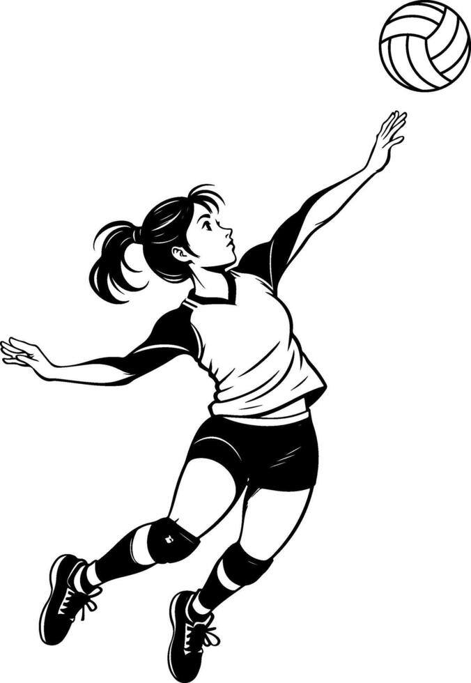 Sketchy sport emblem of female volleyball player jumps and gets ready to hit the ball in monochrome. Engraving minimalistic image in black ink drawing on white background vector